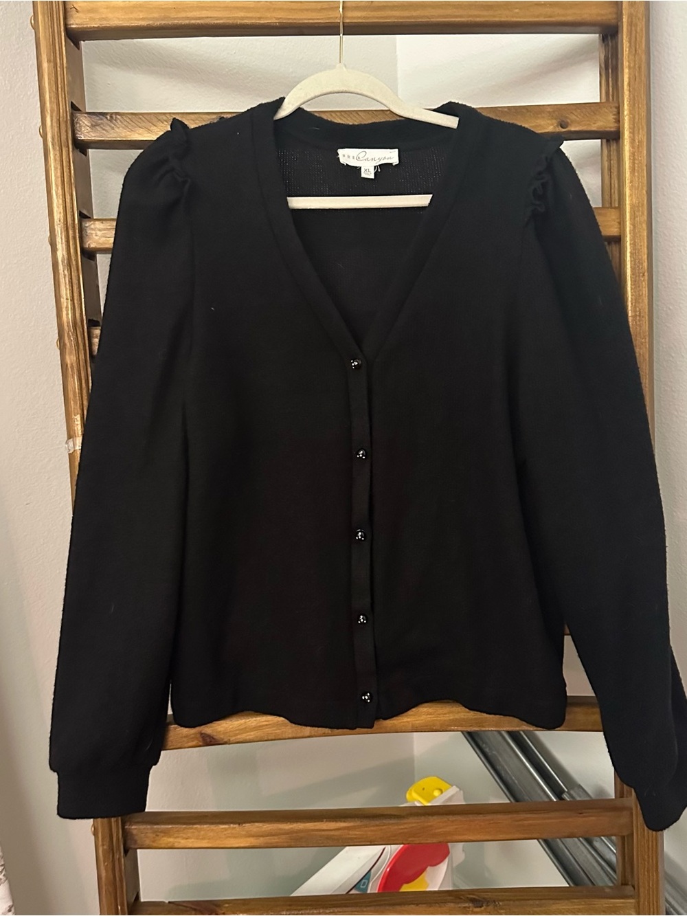 Brea Canyon Black V-Neck Button Cardigan with Slight Puff Shoulders